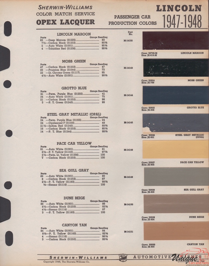1947 Lincoln Paint Charts Williams 3